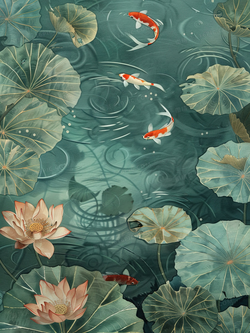 公园荷叶荷塘鲤鱼插画