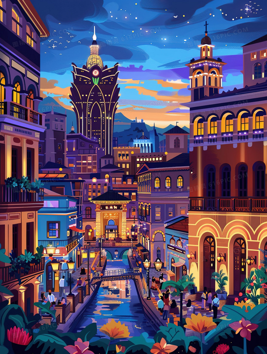 旅游城市印象澳门建筑风景插画
