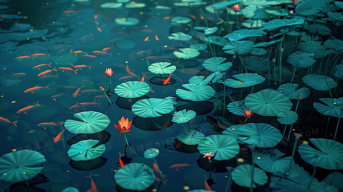 公园荷叶荷塘鲤鱼插画