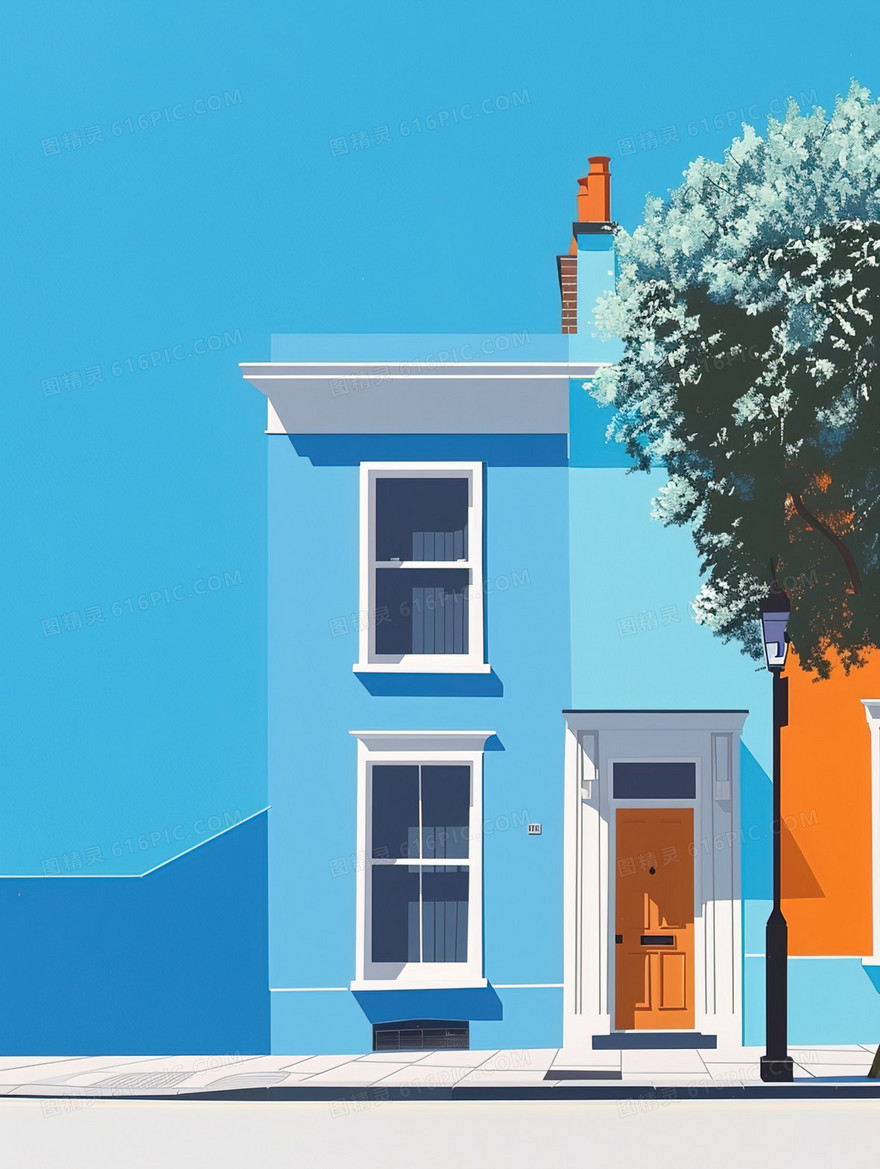 城市小镇街道房屋风景插画