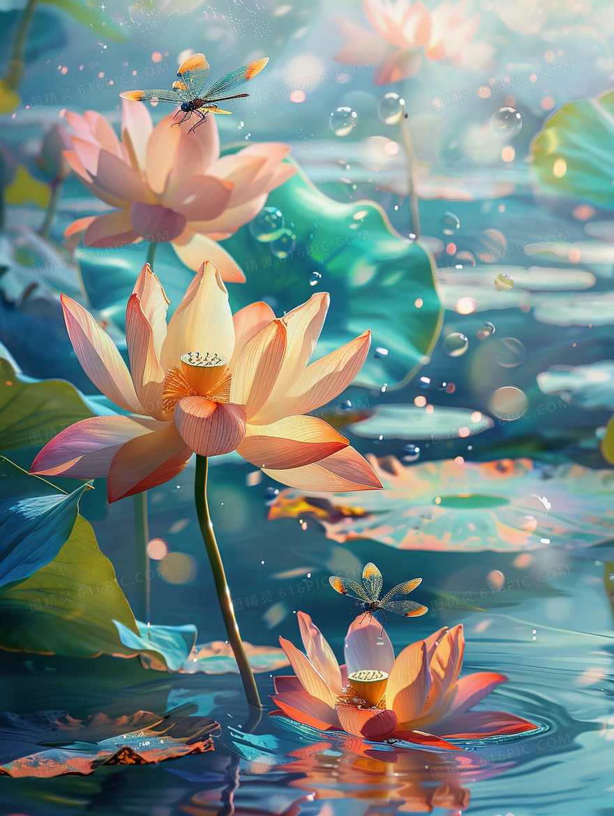 唯美夏日荷花蜻蜓插画