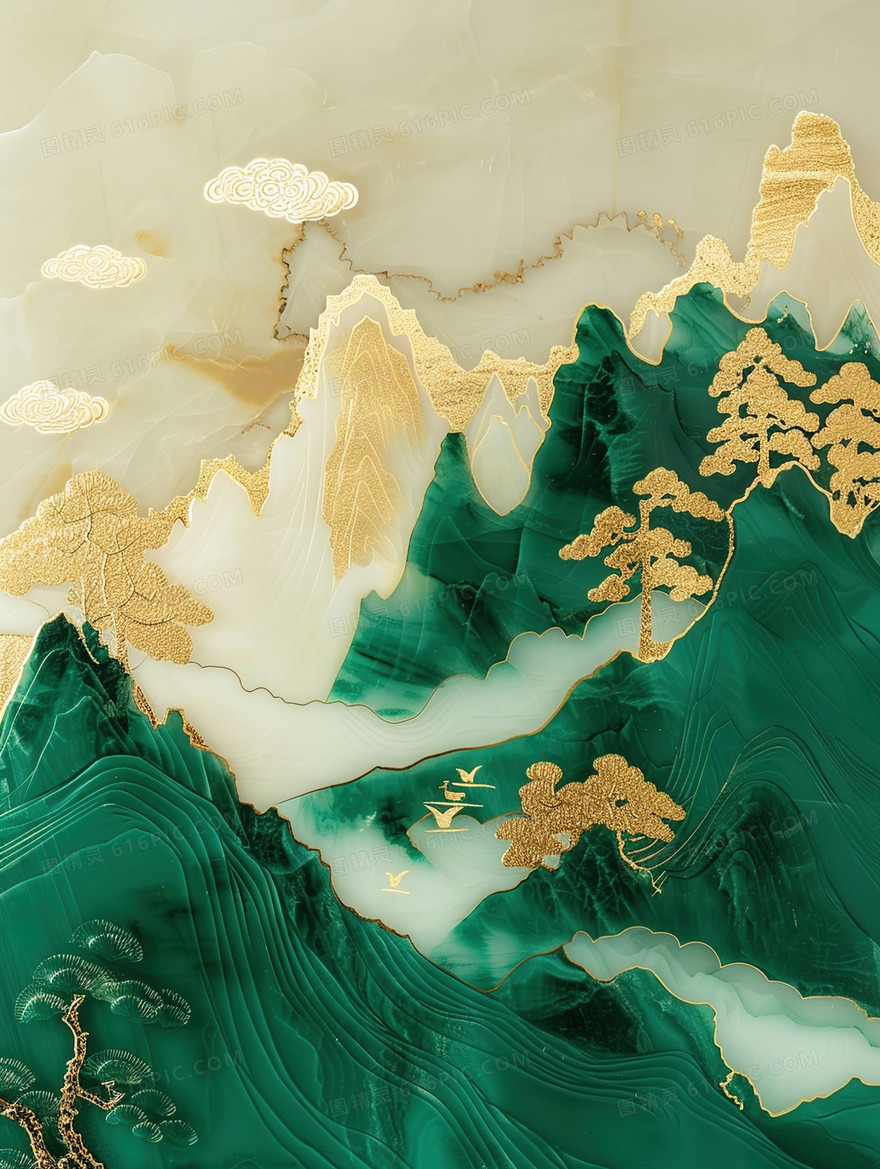 3D立体琉璃质感国潮山水风景插画