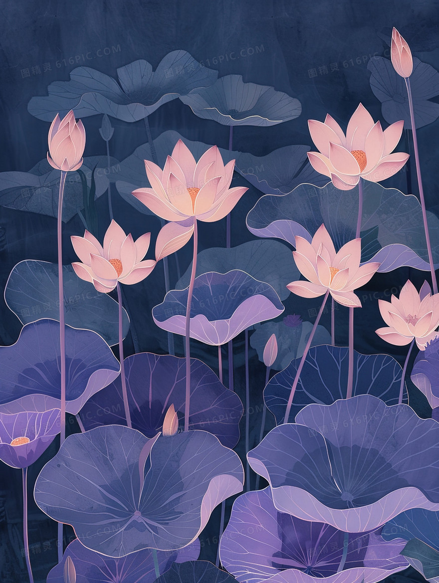 唯美荷叶荷花风景插画