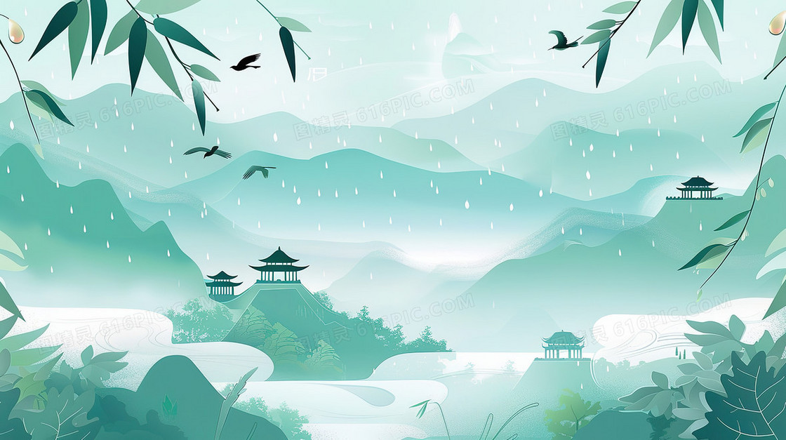 唯美中国风远山风景插画