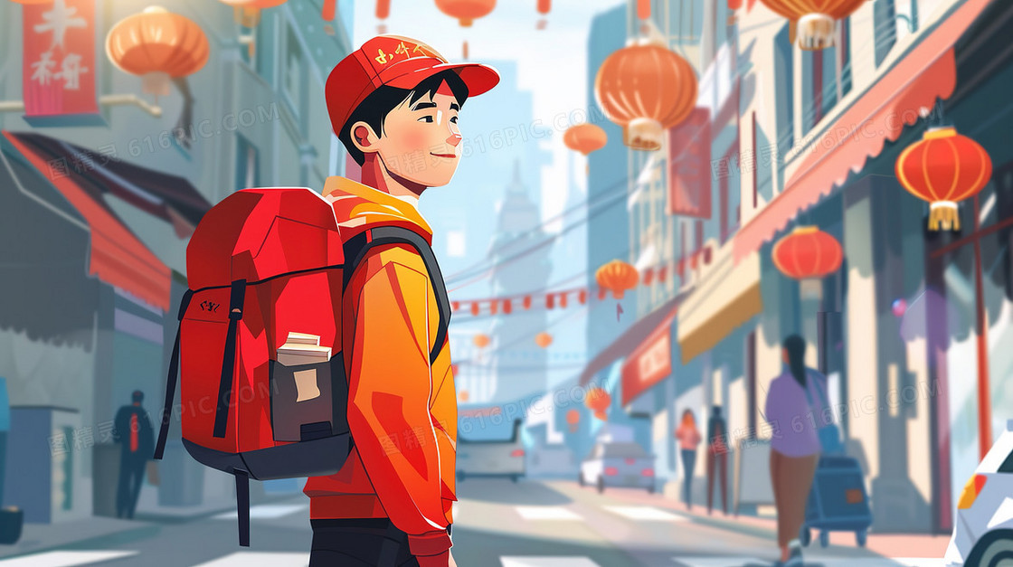 街上送货的男青年快递员插画