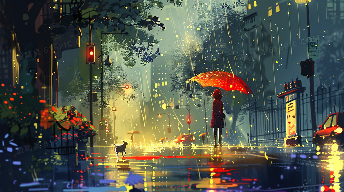 城市夜晚雨中撑伞的女孩背影插画