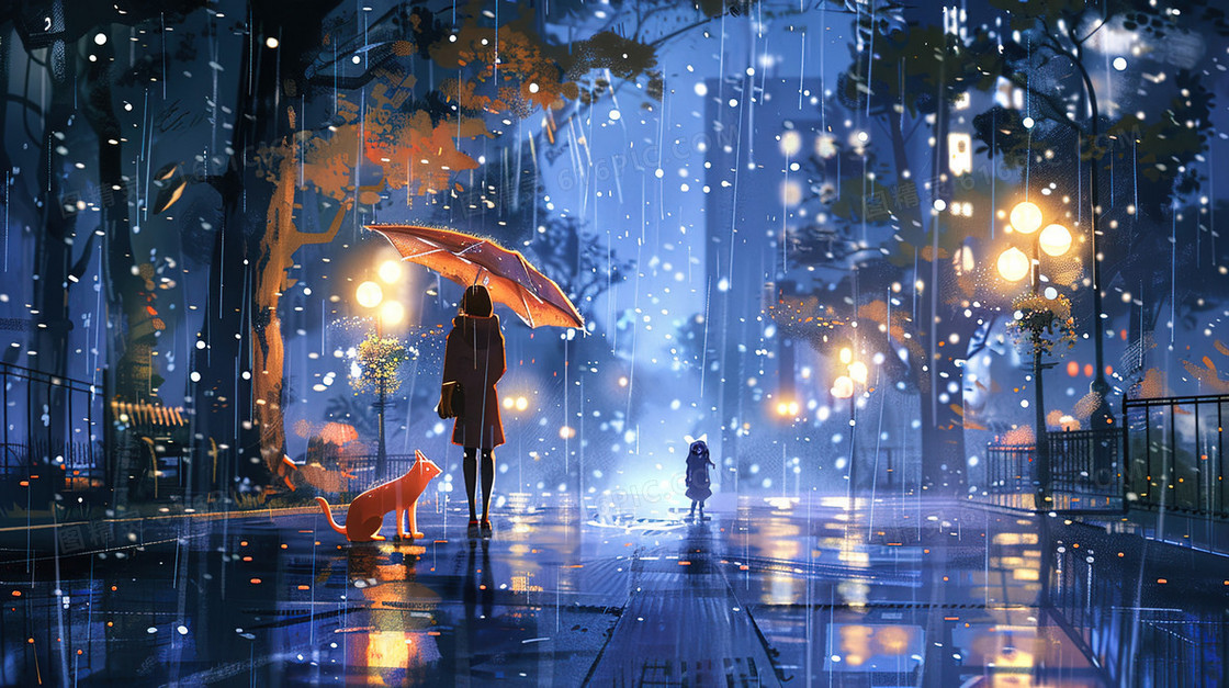 城市夜晚雨中撑伞的女孩背影插画