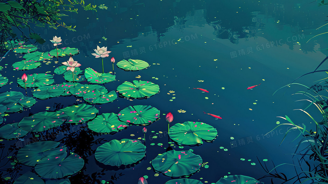 公园荷叶荷塘鲤鱼插画