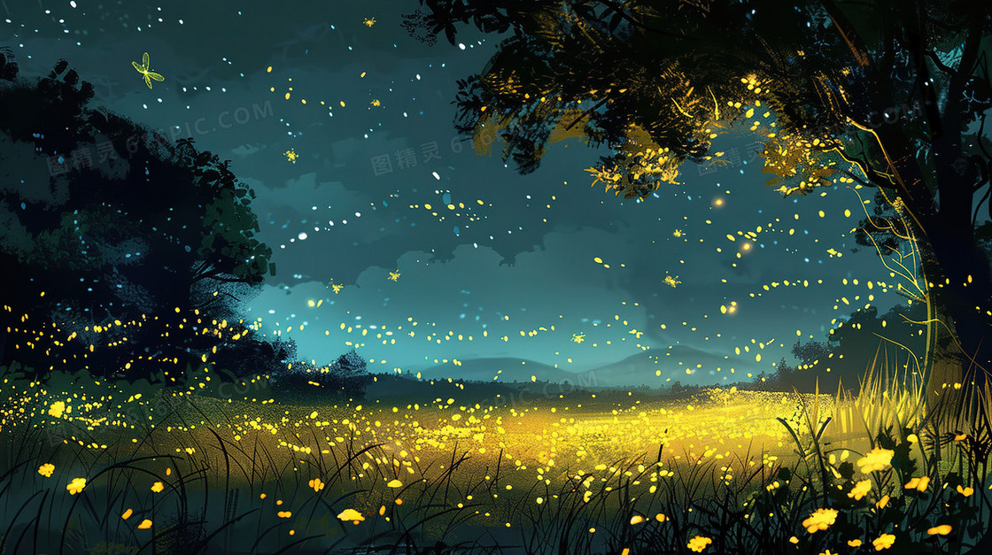 夜晚草地上飞舞的萤火虫插画