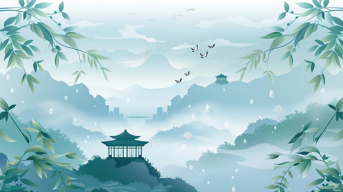 唯美中国风远山风景插画