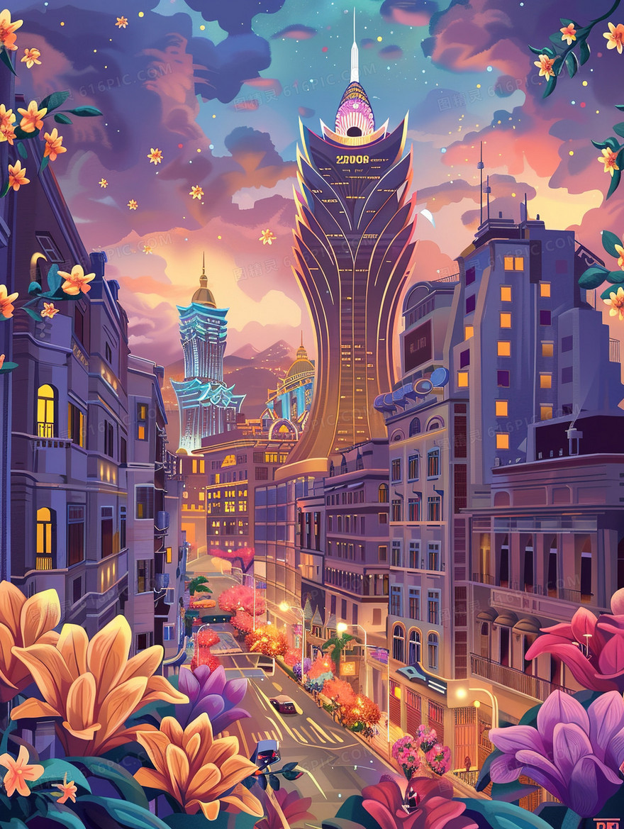 旅游城市印象澳门建筑风景插画
