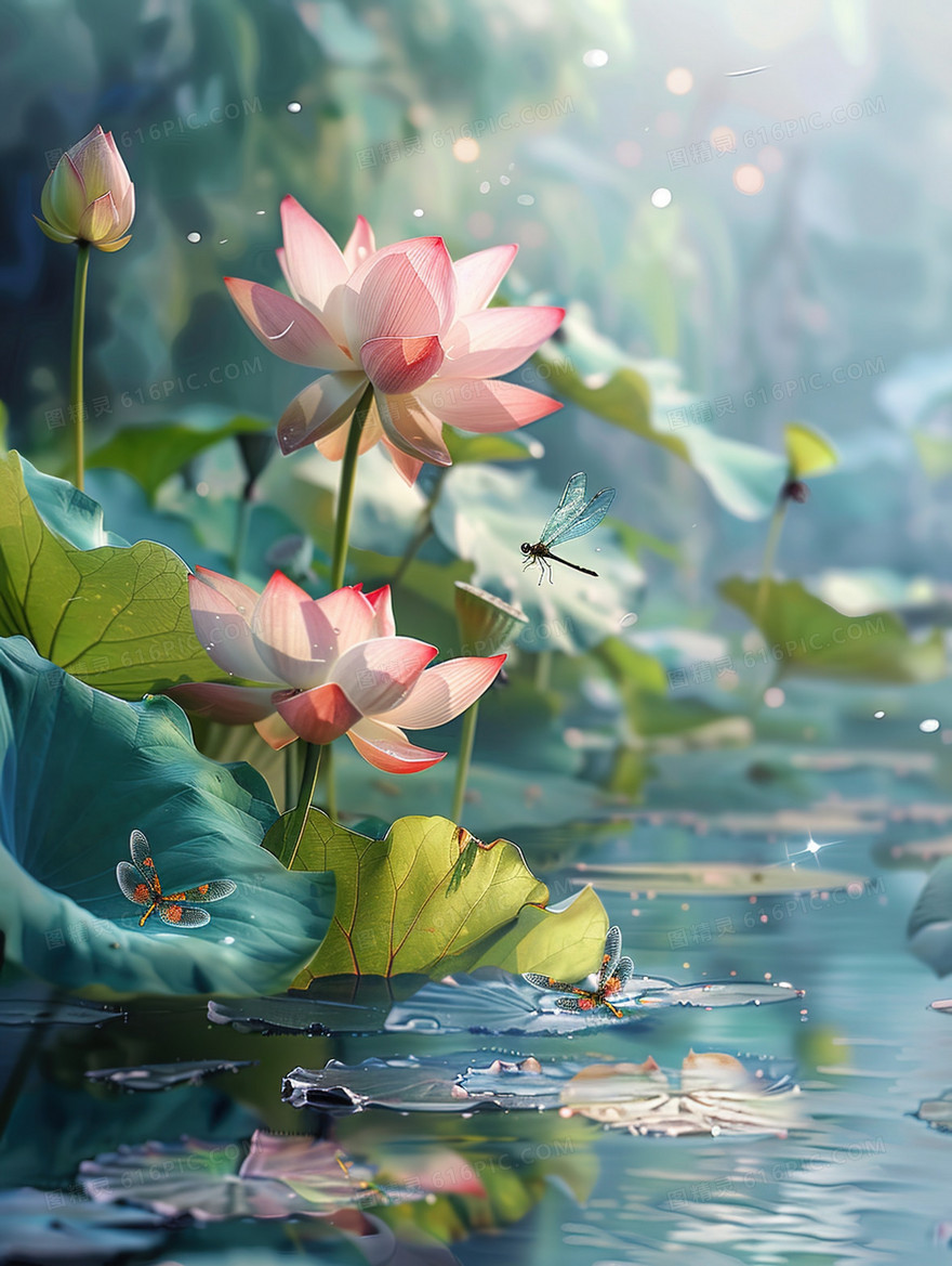 唯美夏日荷花蜻蜓插画