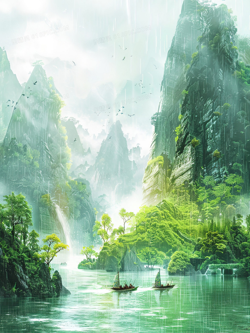 绿色唯美大自然山水风景插画