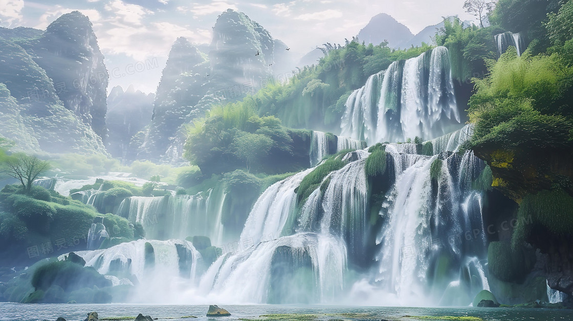 大自然森林瀑布风景插画