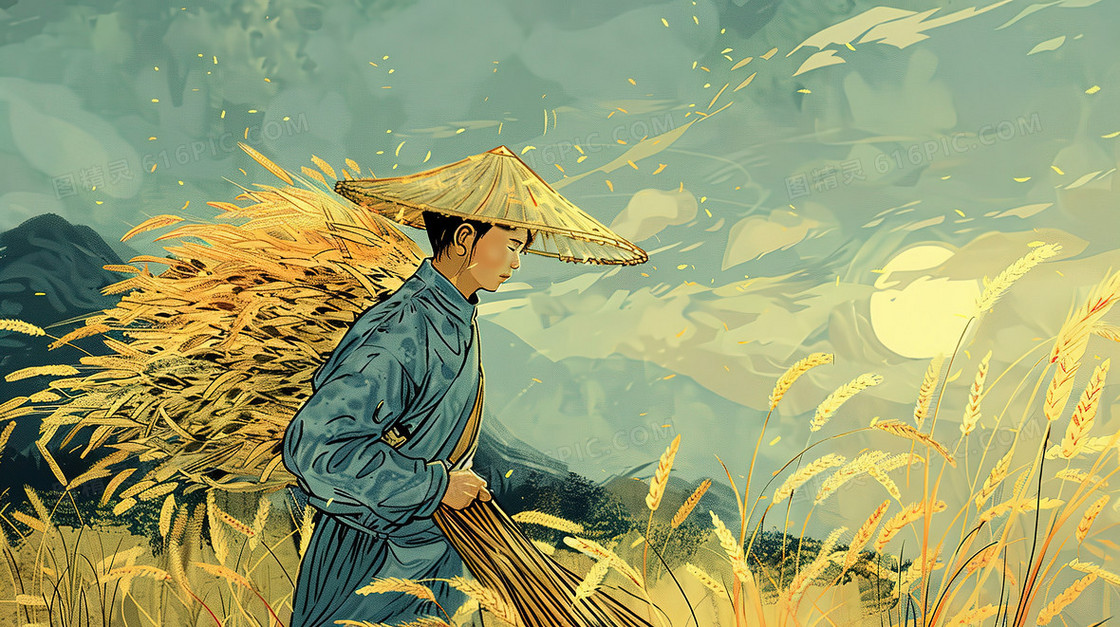田野中劳动的农民插画