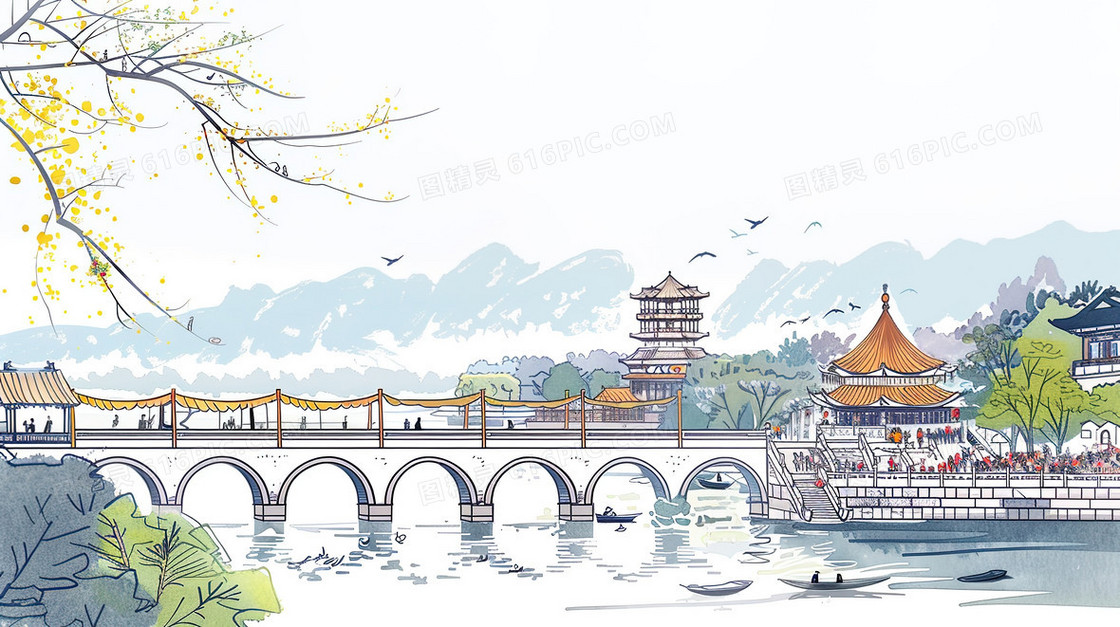 唯美手绘建筑拱桥风景插画