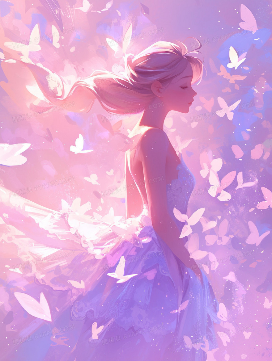 唯美梦幻蝴蝶女孩插画