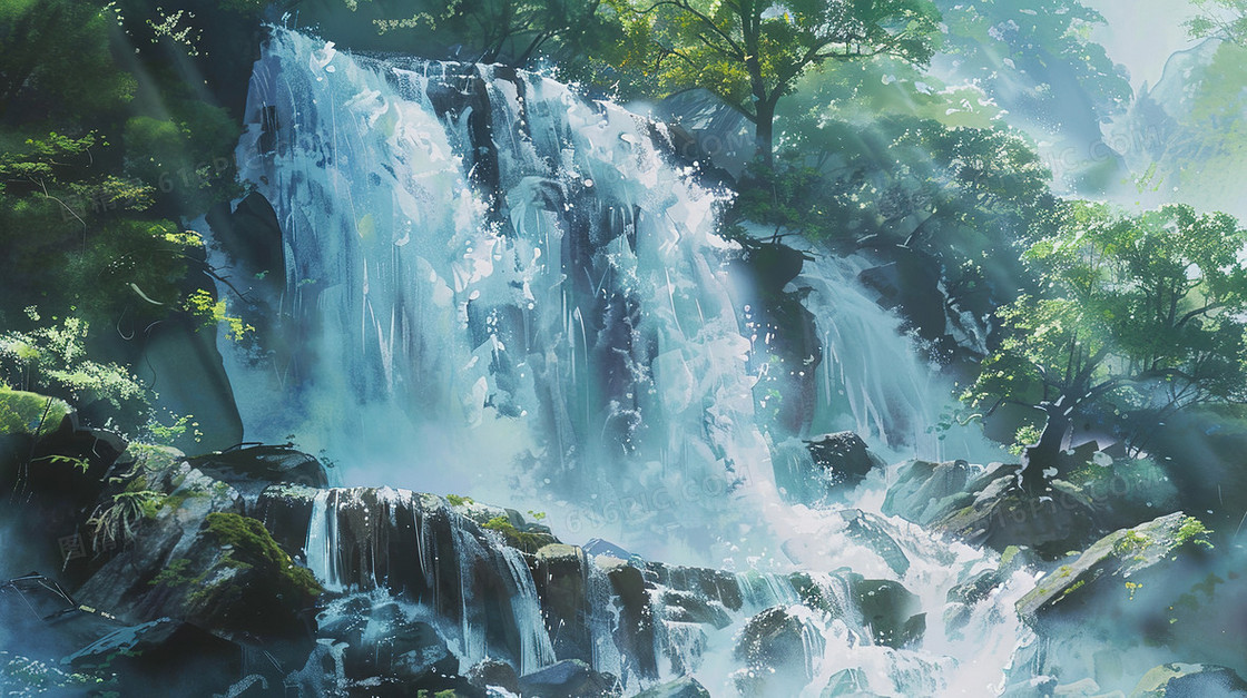大自然森林瀑布风景插画