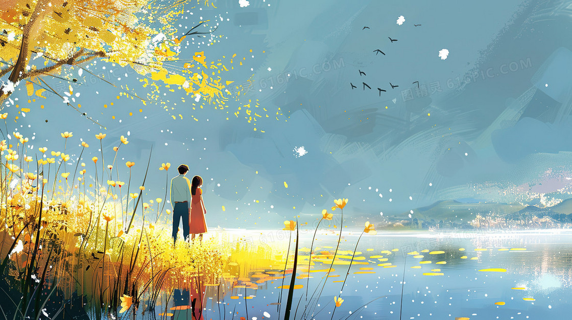 站在湖面看风景的情侣插画