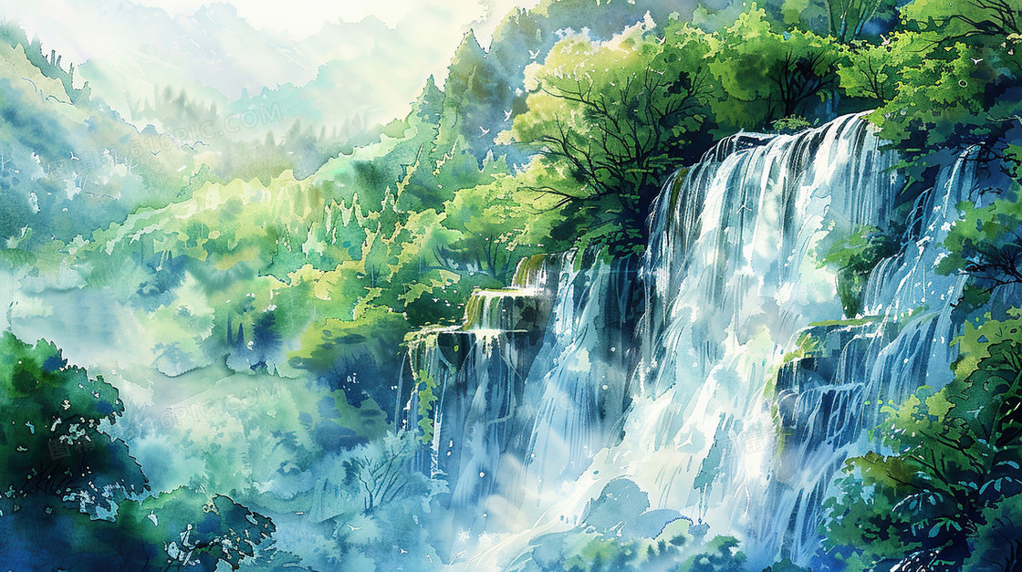 大自然森林瀑布风景插画