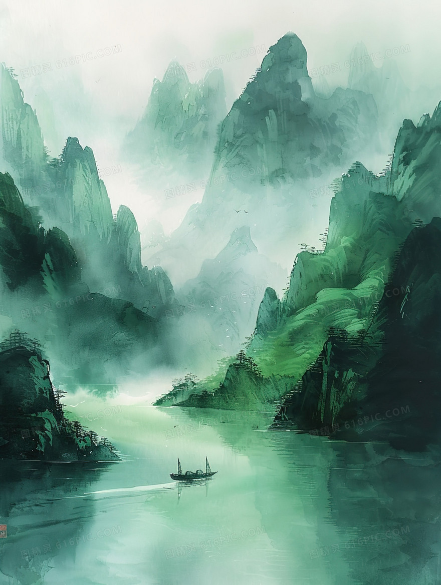 绿色唯美大自然山水风景插画