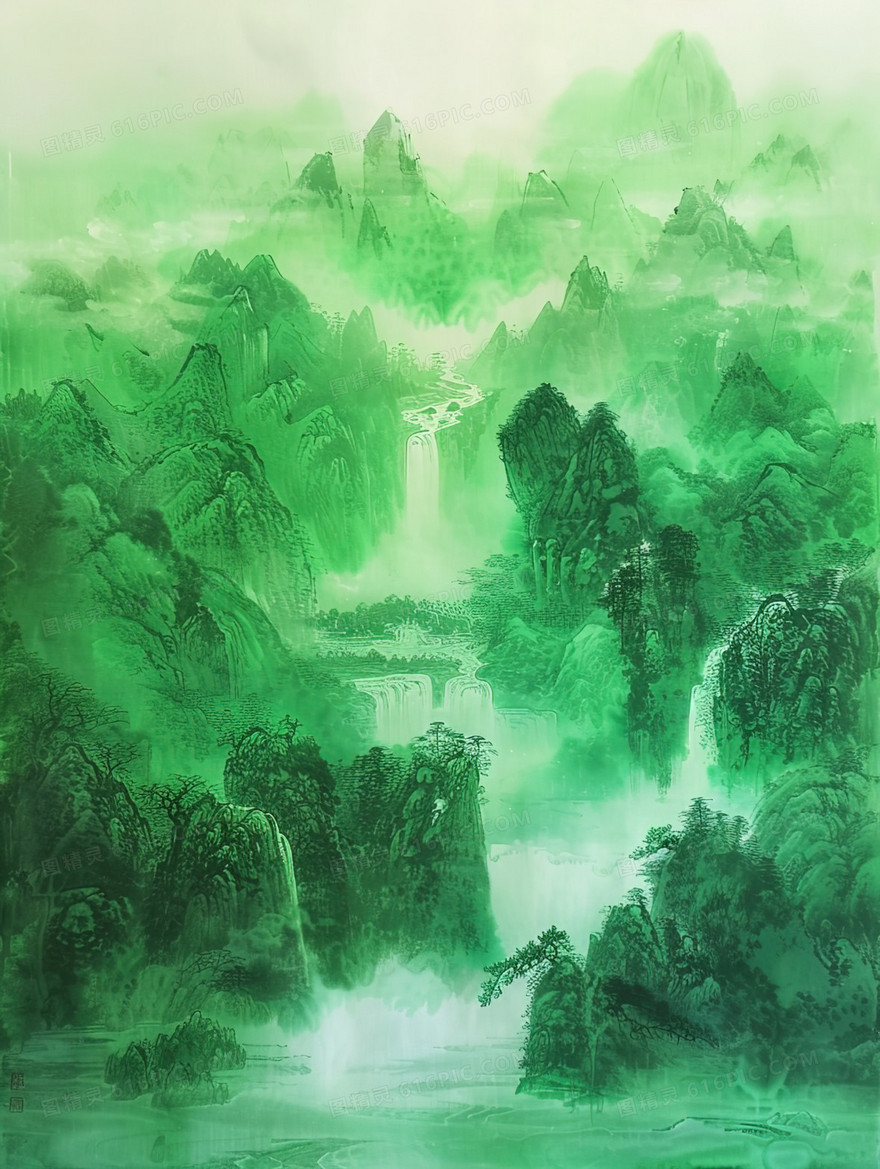 绿色大自然山水风景插画