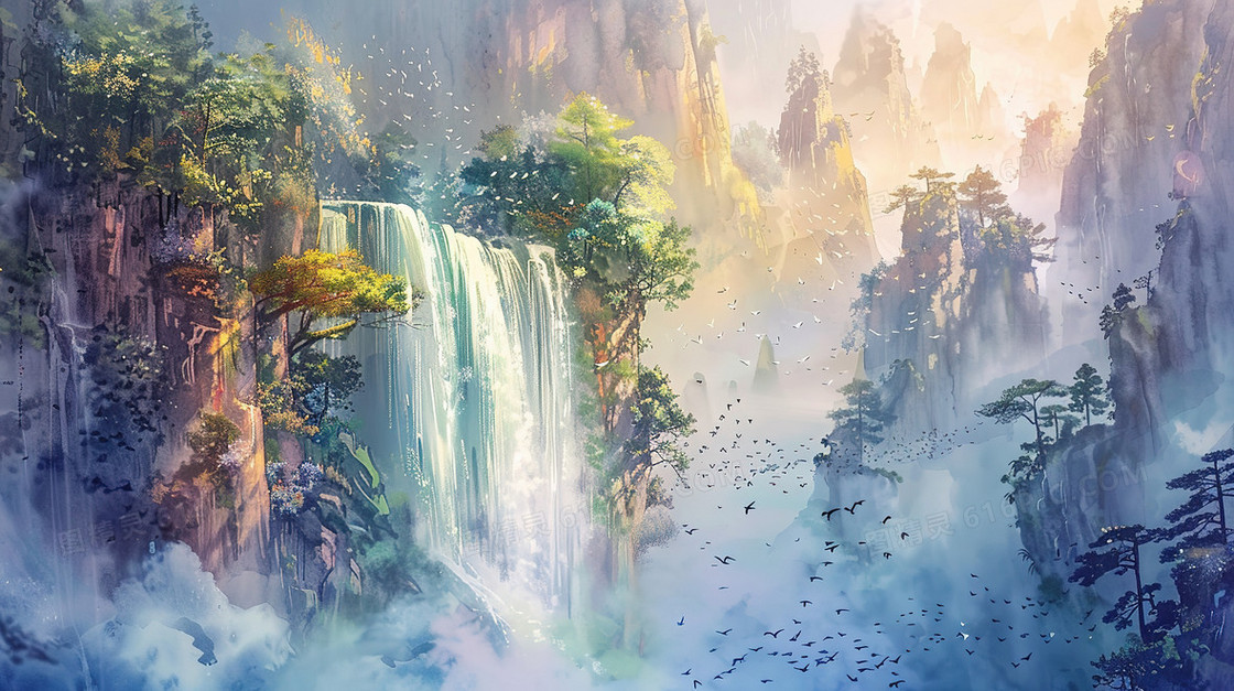 大自然森林瀑布风景插画