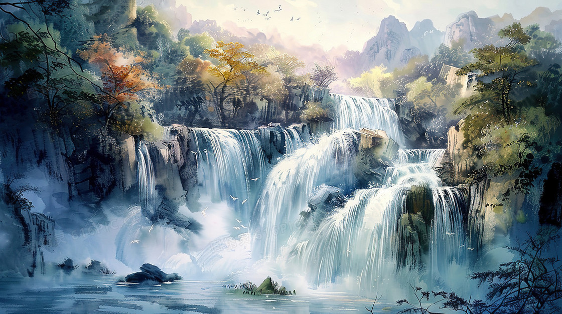 大自然森林瀑布风景插画
