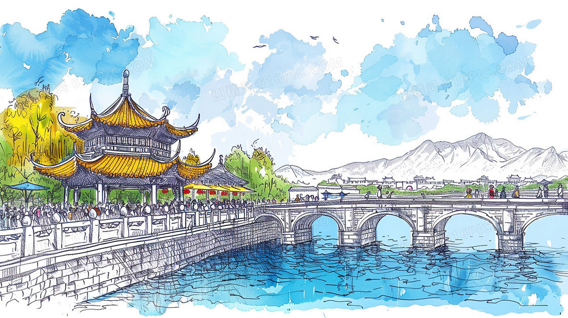 唯美手绘建筑拱桥风景插画