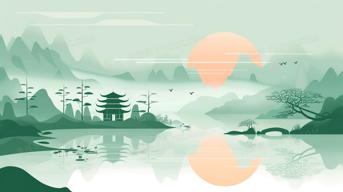 绿色中国风唯美山水风景插画
