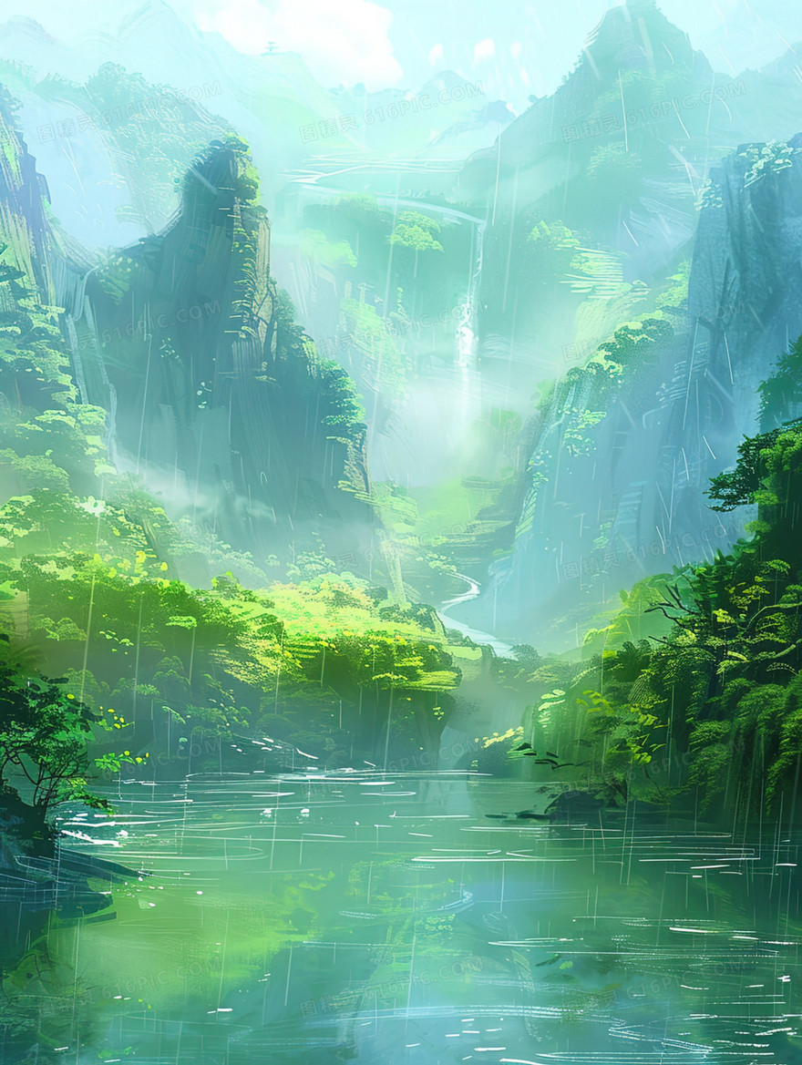 绿色大自然山水风景插画