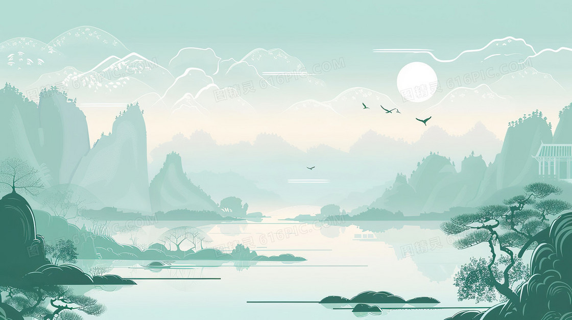 绿色中国风唯美山水风景插画
