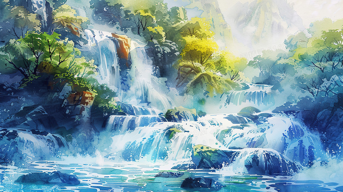 大自然森林瀑布风景插画