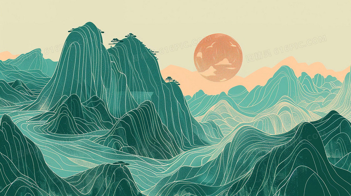 绿色中国风唯美山水风景插画