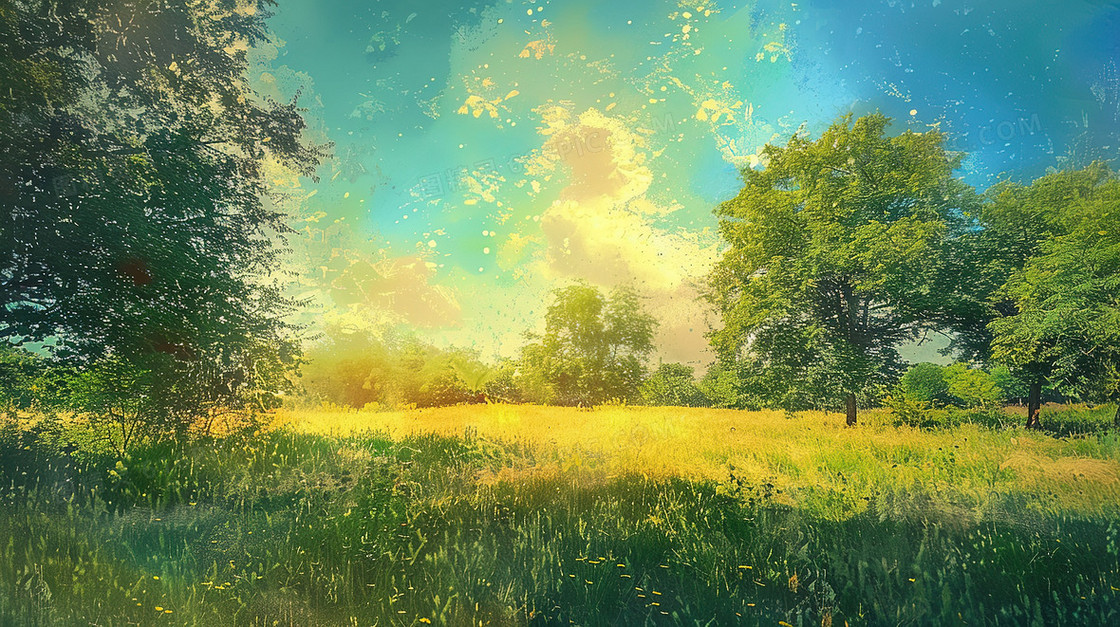 蓝天白云绿色草地插画