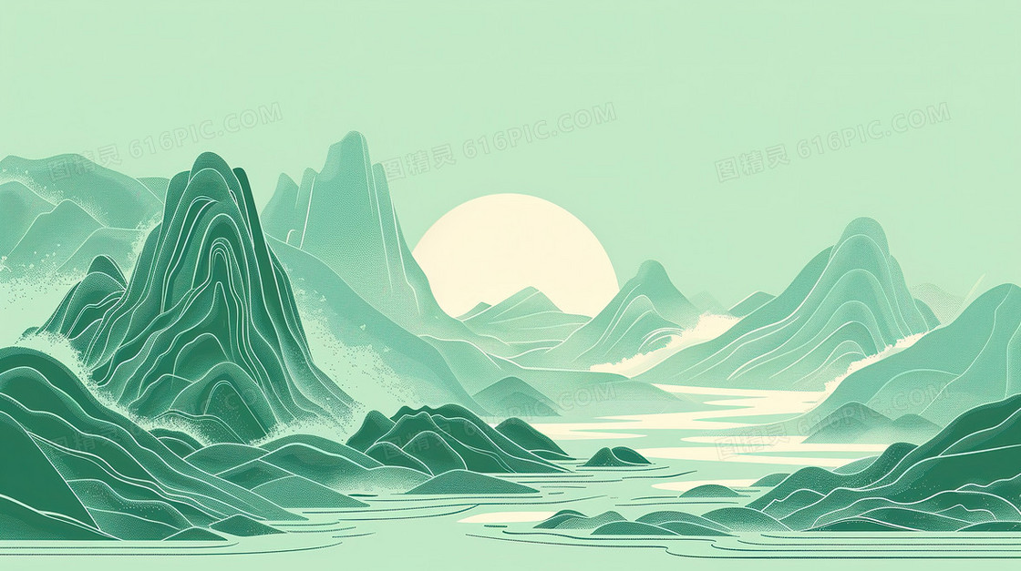 绿色中国风唯美山水风景插画