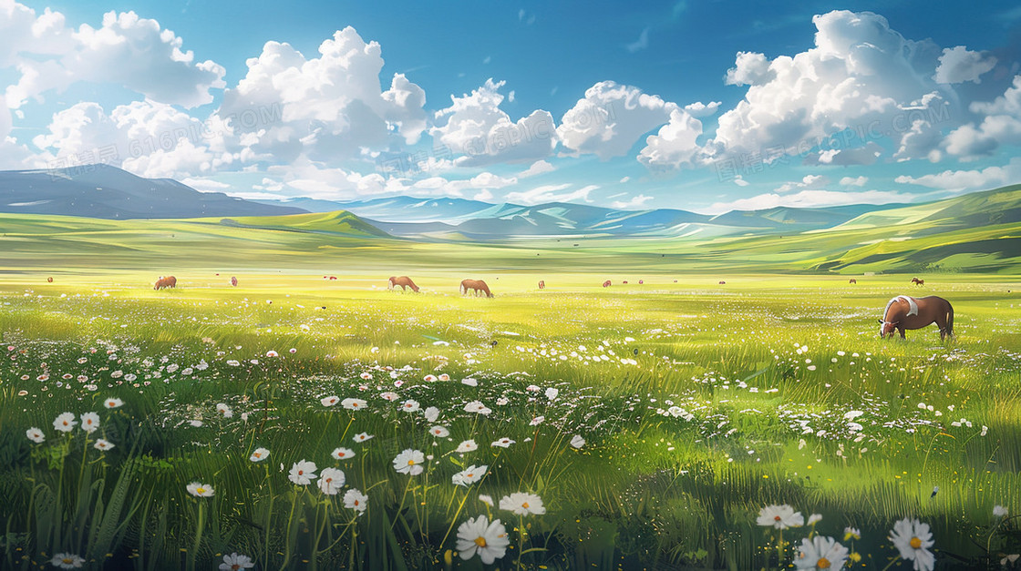 蓝天白云草原风景插画