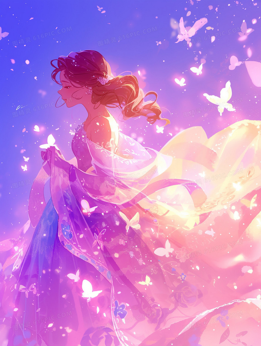 唯美梦幻蝴蝶女孩插画