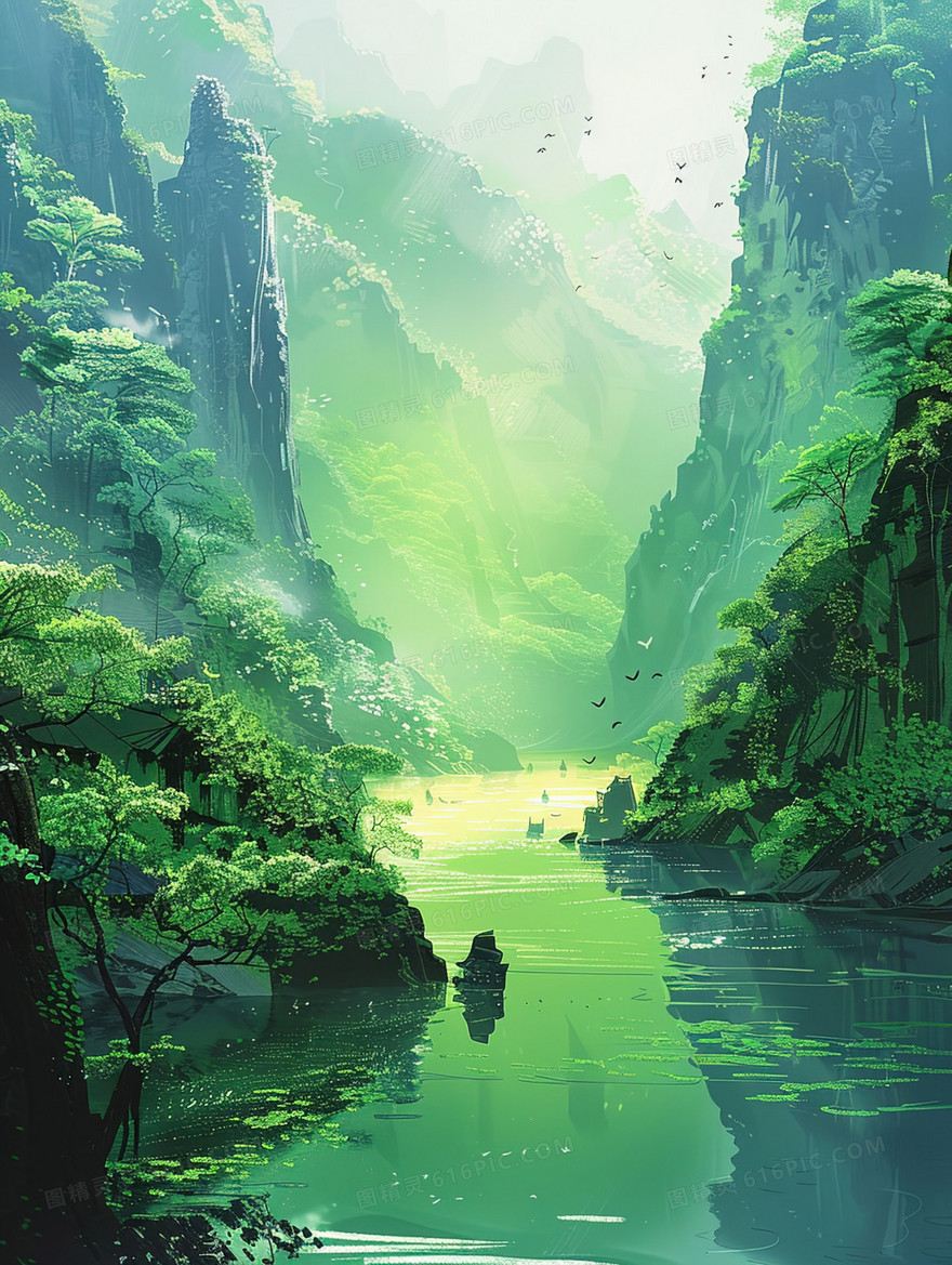绿色大自然山水风景插画