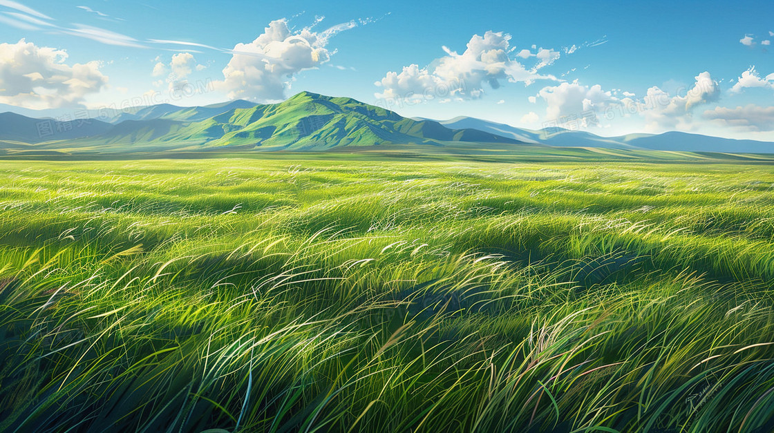 蓝天白云草原风景插画