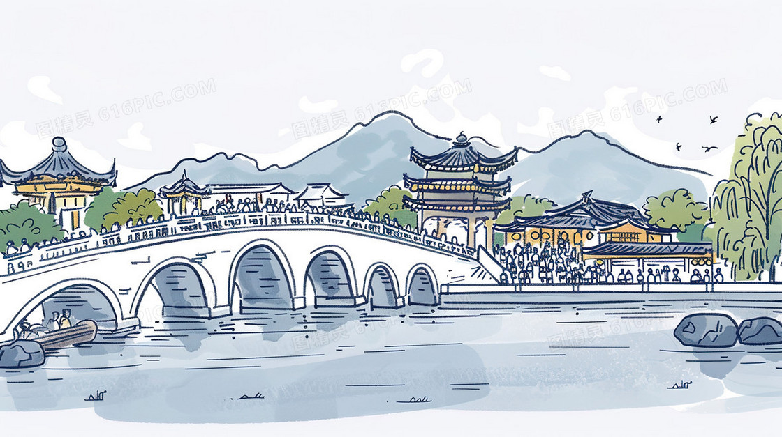 唯美手绘建筑拱桥风景插画