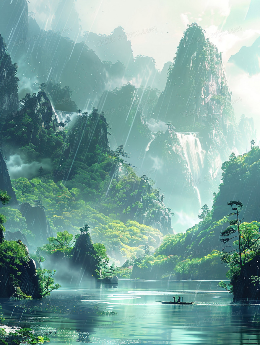 绿色唯美大自然山水风景插画