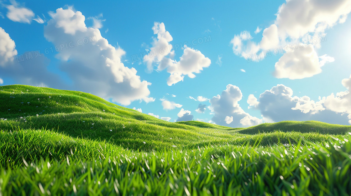 蓝天白云绿色草地插画