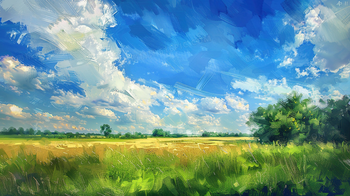 蓝天白云绿色草地插画