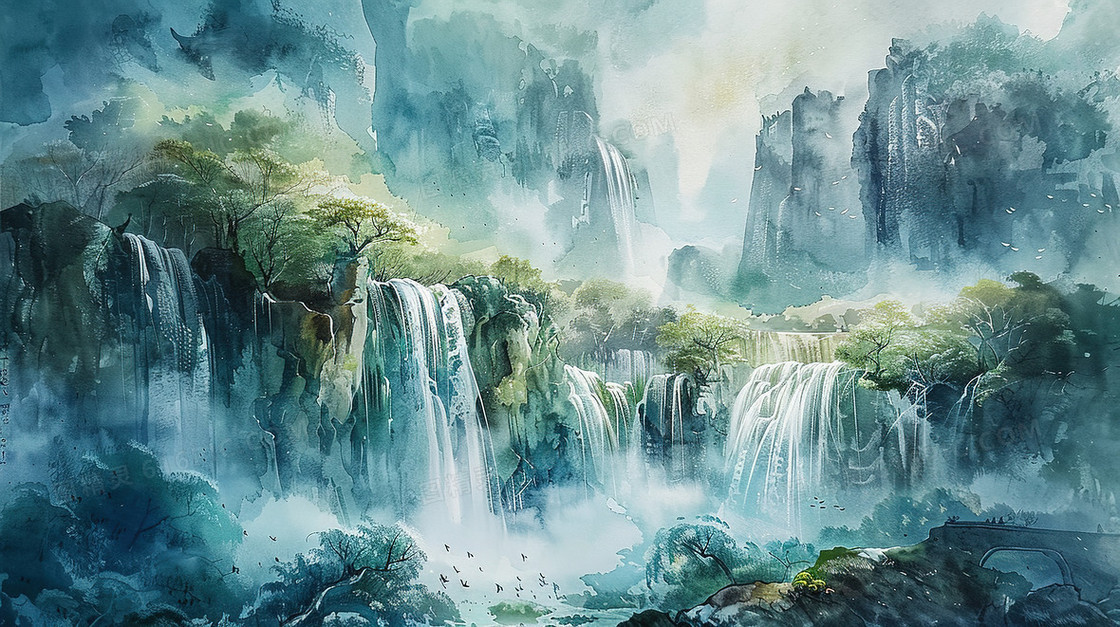 大自然森林瀑布风景插画