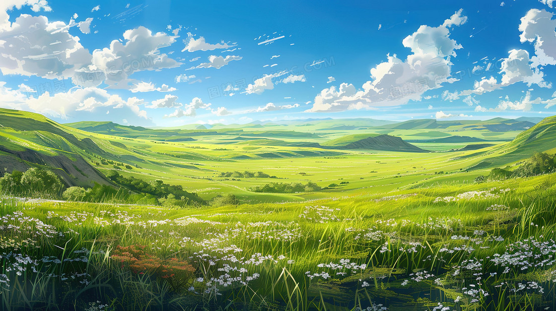 蓝天白云草原风景插画