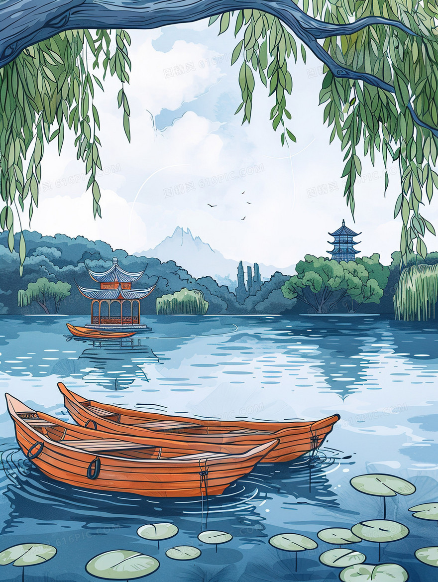 旅游景区水面中的小船插画