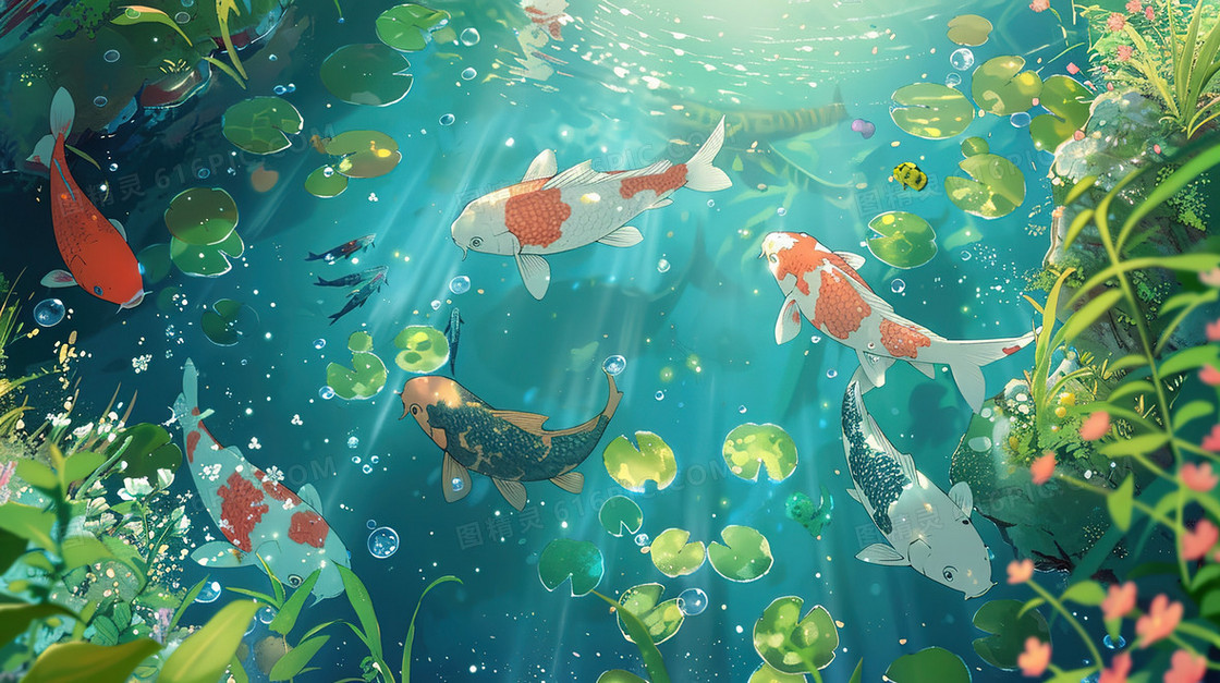 夏季水池中的鱼插画