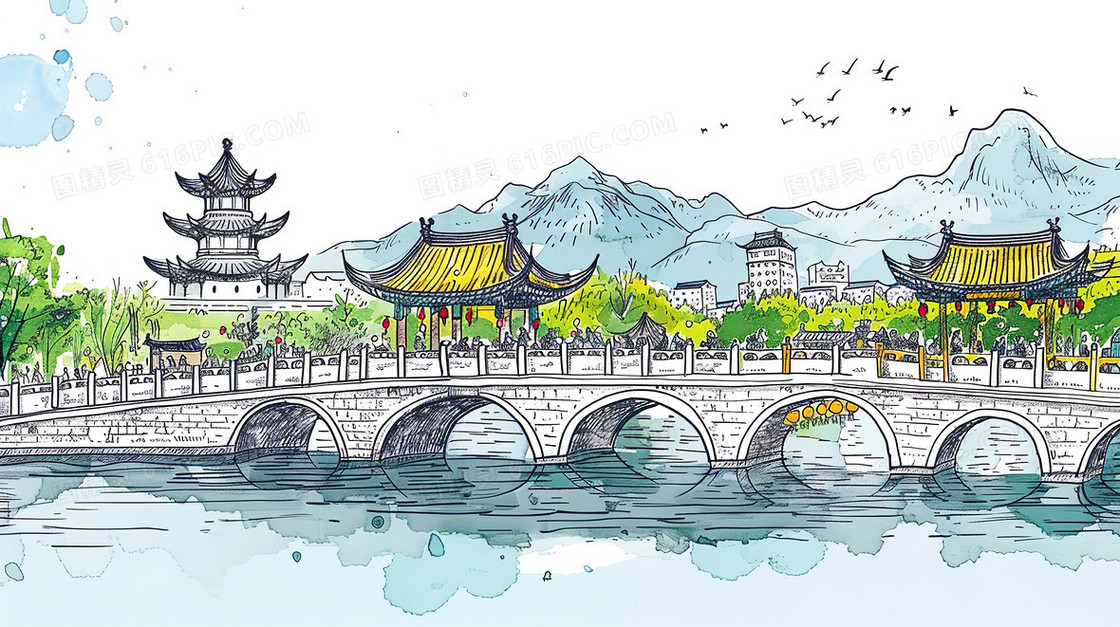 唯美手绘建筑拱桥风景插画