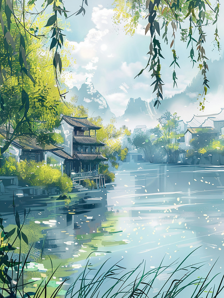 唯美夏季湖边风景插画